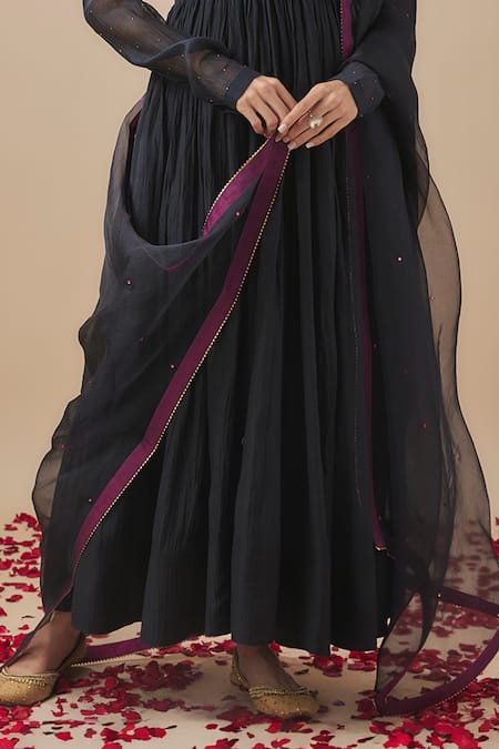 Cupid Cotton_Black Organza, Chanderi Silk, Cotton Embroidery Resham Bodice Anarkali Pant Set _Online_at_Aza_Fashions