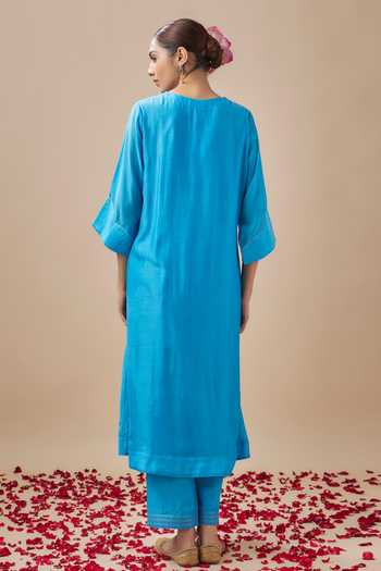 Shop Cupid Cotton Blue Organza, Chanderi Silk, Cotton Embroidery V-neck Yoke Kurta With Pant at Aza Fashions Shop_Cupid Cotton_Blue Organza, Chanderi Silk, Cotton Embroidery V-neck Yoke Kurta With Pant _at_Aza_Fashions