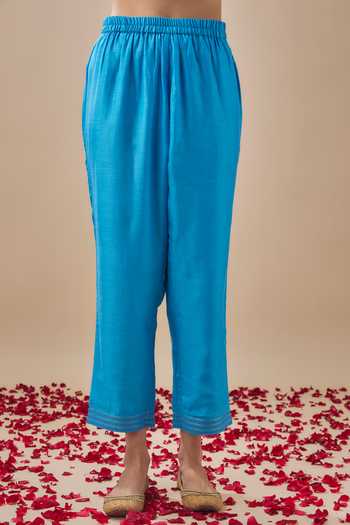 Cupid Cotton Blue Organza, Chanderi Silk, Cotton Embroidery V-neck Yoke Kurta With Pant Online at Aza Fashions Cupid Cotton_Blue Organza, Chanderi Silk, Cotton Embroidery V-neck Yoke Kurta With Pant _Online_at_Aza_Fashions