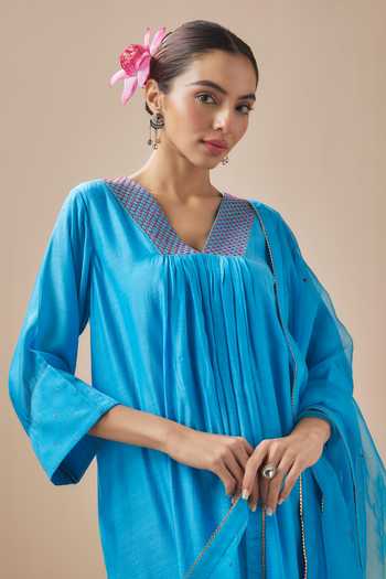 Buy Cupid Cotton Blue Organza, Chanderi Silk, Cotton Embroidery V-neck Yoke Kurta With Pant Online at Aza Fashions Buy_Cupid Cotton_Blue Organza, Chanderi Silk, Cotton Embroidery V-neck Yoke Kurta With Pant _Online_at_Aza_Fashions