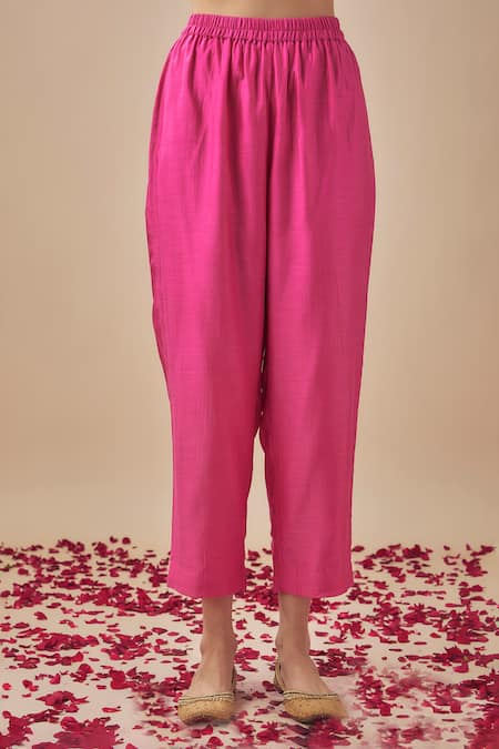 Cupid Cotton_Pink Silk, Cotton Sequins V-neck A-line Kurta With Pant _Online_at_Aza_Fashions