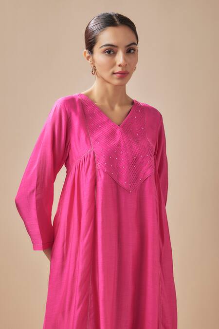 Buy_Cupid Cotton_Pink Silk, Cotton Sequins V-neck A-line Kurta With Pant _Online_at_Aza_Fashions