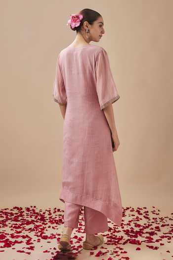 Shop Cupid Cotton Pink Chanderi Silk, Cotton, Organza Embroidery, Pitta Yoke Kurta Pant Set at Aza Fashions Shop_Cupid Cotton_Pink Chanderi Silk, Cotton, Organza Embroidery, Pitta Yoke Kurta Pant Set _at_Aza_Fashions