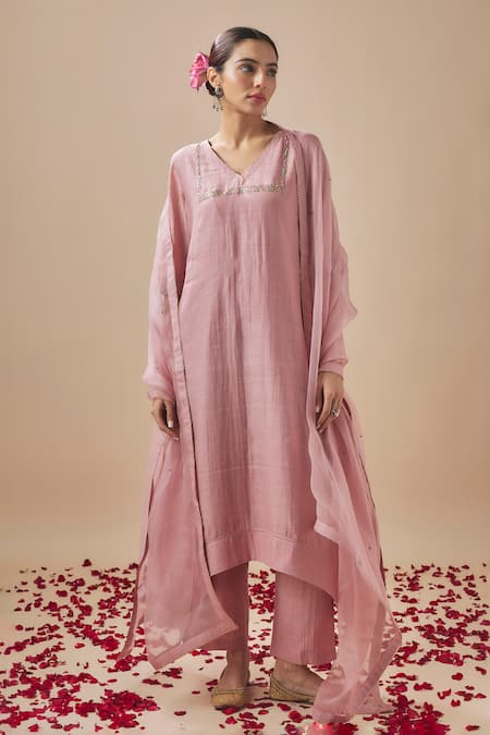 Cupid Cotton Pink Chanderi Silk Embroidery Pitta V Neck Yoke Kurta With Pant 