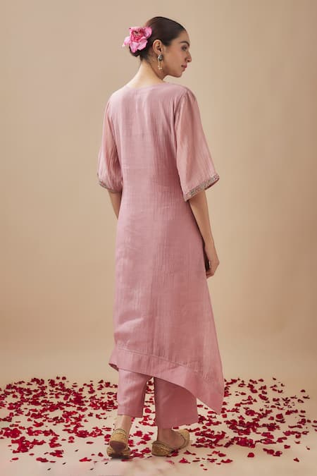 Shop_Cupid Cotton_Pink Chanderi Silk, Cotton Piping V-neck Pitta Yoke Embroidered Kurta With Pant _at_Aza_Fashions