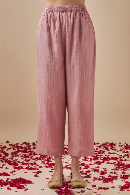 Cupid Cotton_Pink Chanderi Silk, Cotton Piping V-neck Pitta Yoke Embroidered Kurta With Pant _Online_at_Aza_Fashions