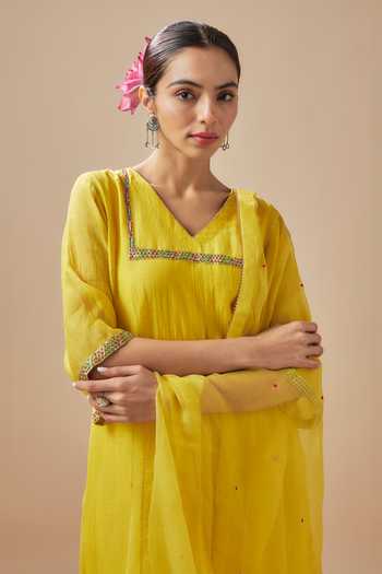 Buy Cupid Cotton Yellow Chanderi Silk, Organza, Pitta Blossom Yoke Embroidered Kurta Pant Set Online at Aza Fashions Buy_Cupid Cotton_Yellow Chanderi Silk, Organza, Pitta Blossom Yoke Embroidered Kurta Pant Set _Online_at_Aza_Fashions