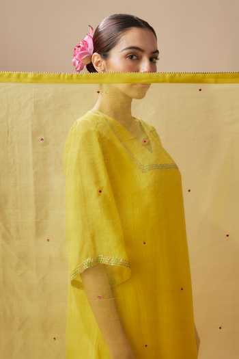 Shop Cupid Cotton Yellow Chanderi Silk, Organza, Pitta Blossom Yoke Embroidered Kurta Pant Set Online at Aza Fashions Shop_Cupid Cotton_Yellow Chanderi Silk, Organza, Pitta Blossom Yoke Embroidered Kurta Pant Set _Online_at_Aza_Fashions