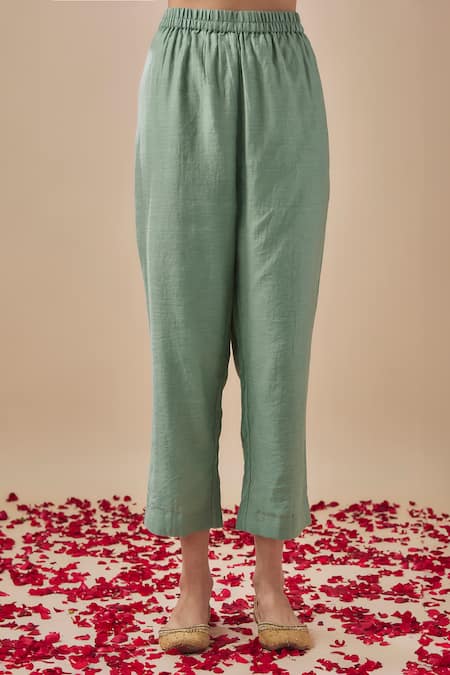 Cupid Cotton_Green Chanderi Silk, Organza, Cotton Embroidery, Pitta Fleur Anarkali Pant Set _Online_at_Aza_Fashions