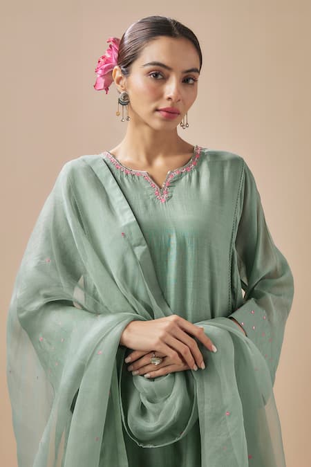 Buy_Cupid Cotton_Green Chanderi Silk, Organza, Cotton Embroidery, Pitta Fleur Anarkali Pant Set _Online_at_Aza_Fashions