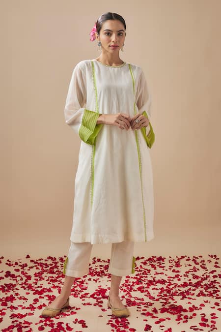 Cupid Cotton_Ivory Chanderi Silk, Cotton Embroidery, Applique, Resham Vine Anarkali Pant Set _Online_at_Aza_Fashions