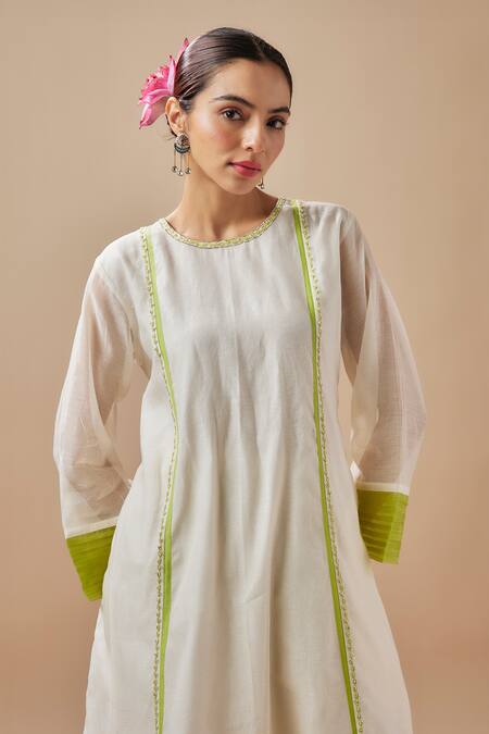 Shop_Cupid Cotton_Ivory Chanderi Silk, Cotton Embroidery, Applique, Resham Vine Anarkali Pant Set _Online_at_Aza_Fashions