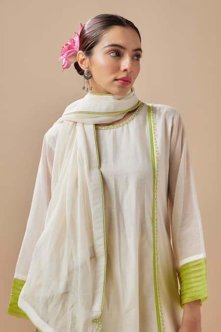 Cupid Cotton_Ivory Chanderi Silk, Cotton Embroidery, Applique, Resham Vine Anarkali Pant Set _at_Aza_Fashions