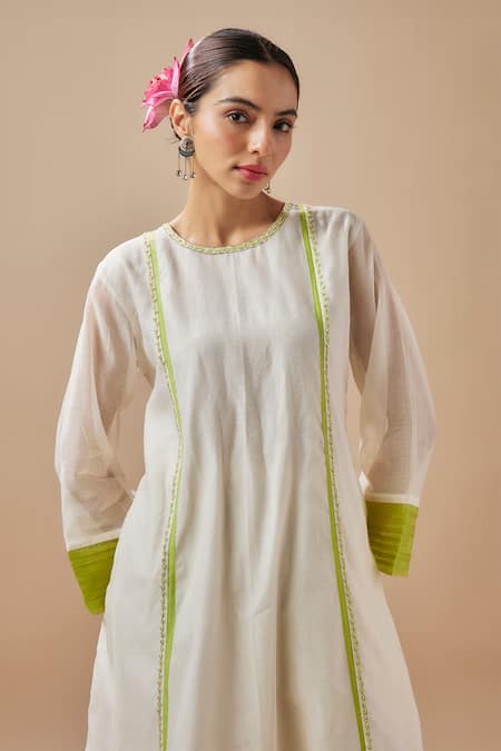 Buy_Cupid Cotton_Ivory Chanderi Silk, Cotton Embroidery, Applique Resham Vine Anarkali With Pant _Online_at_Aza_Fashions