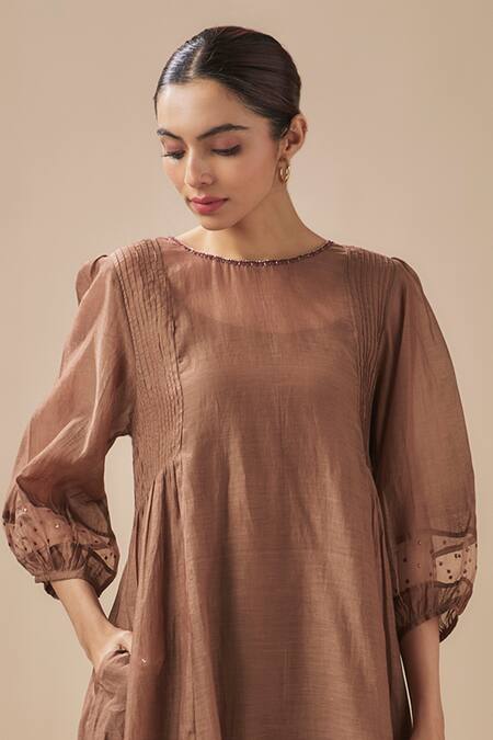 Cupid Cotton_Brown Chanderi Silk, Cotton Sequins, Pintucked Embellished Dress With Inner _Online_at_Aza_Fashions