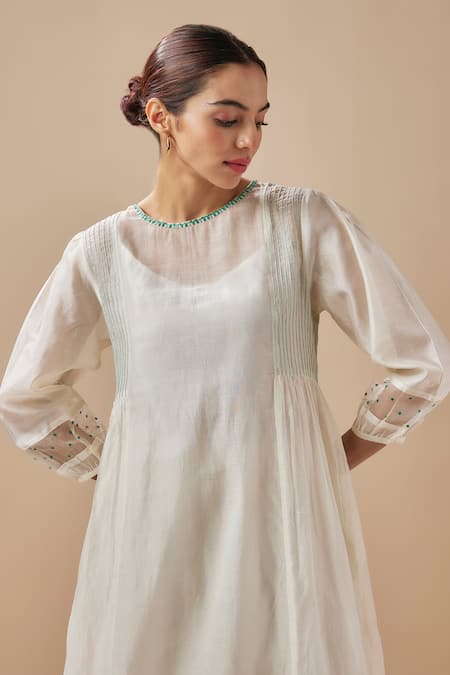 Buy_Cupid Cotton_Ivory Chanderi Silk, Cotton Sequins Round Pintucked And Embellished Anarkali Set _Online_at_Aza_Fashions