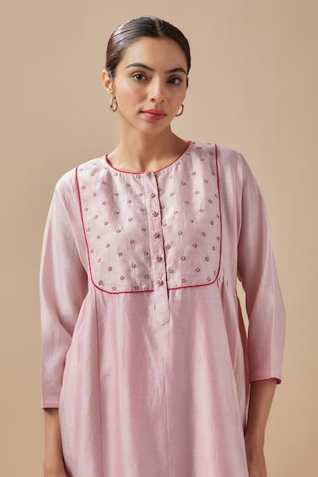 Buy_Cupid Cotton_Pink Chanderi Silk, Cotton Embroidery Resham And Aari Floweret Yoke Anarkali Set _Online_at_Aza_Fashions