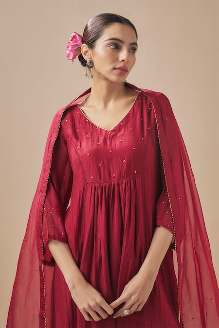 Buy_Cupid Cotton_Maroon Chanderi Silk, Resham And Sequin Florin Yoke Work Anarkali With Pant _Online_at_Aza_Fashions
