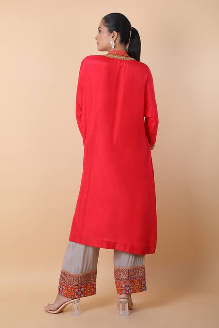 Shop_Debyani + CO_Red Silk Mirrors, Sequins, Embroidery V-neck Kurta And Pant Set _at_Aza_Fashions
