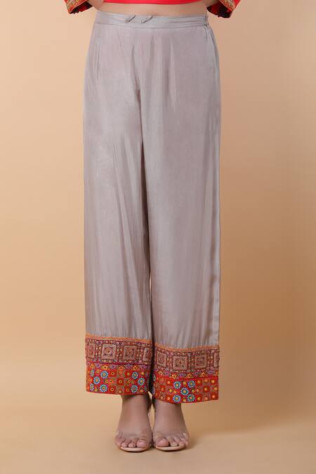 Debyani + CO_Red Silk Mirrors, Sequins, Embroidery V-neck Kurta And Pant Set _Online_at_Aza_Fashions