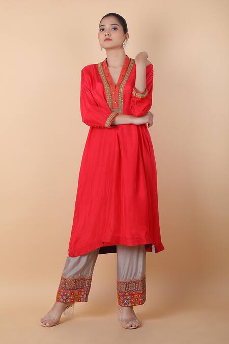 Debyani + CO_Red Silk Mirrors, Sequins, Embroidery V-neck Kurta And Pant Set _at_Aza_Fashions
