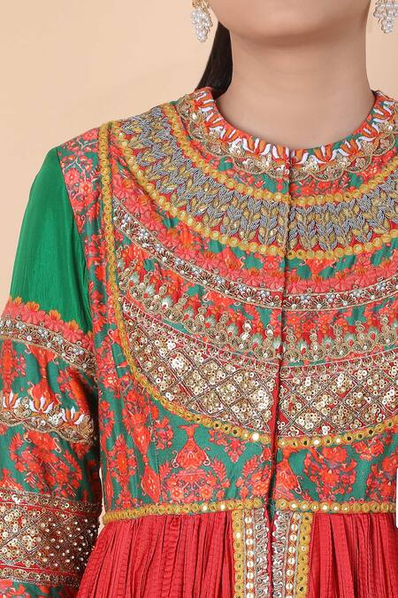 Shop Debyani + CO Green Cotton Embroidery, Mirrors Round Neck Anarkali And Pant Set Online at Aza Fashions Shop_Debyani + CO_Green Cotton Embroidery, Mirrors Round Neck Anarkali And Pant Set _Online_at_Aza_Fashions