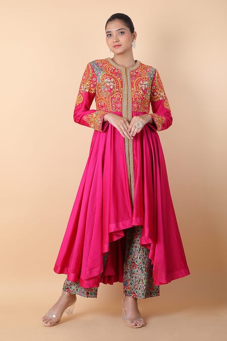 Debyani + Co Magenta Embroidery Mirror Round Neck Floral Anarkali With Pant