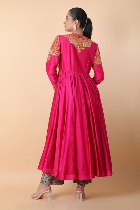 Shop_Debyani + CO_Magenta Cotton Gota Patti, Mirrors, Embroidery Floral Anarkali With Pant _at_Aza_Fashions