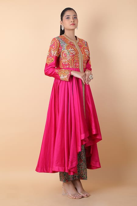Debyani + CO_Magenta Cotton Gota Patti, Mirrors, Embroidery Floral Anarkali With Pant _Online_at_Aza_Fashions