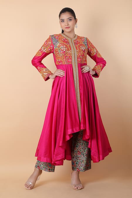 Buy_Debyani + CO_Magenta Cotton Gota Patti, Mirrors, Embroidery Floral Anarkali With Pant _Online_at_Aza_Fashions