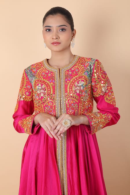 Debyani + CO_Magenta Cotton Gota Patti, Mirrors, Embroidery Floral Anarkali With Pant _at_Aza_Fashions