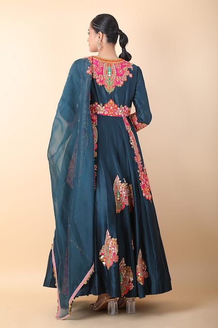 Shop_Debyani + CO_Blue Chiffon Embroidery Round Neck Floral Anarkali With Dupatta _at_Aza_Fashions