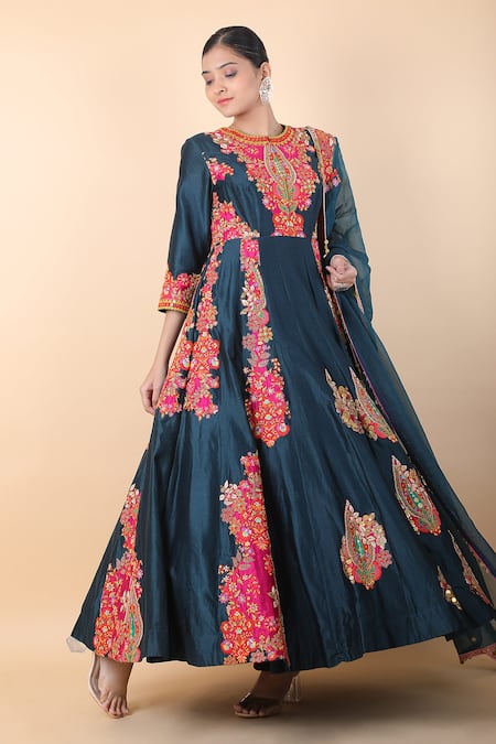 Debyani + CO_Blue Chiffon Embroidery Round Neck Floral Anarkali With Dupatta _Online_at_Aza_Fashions