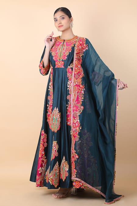 Buy_Debyani + CO_Blue Chiffon Embroidery Round Neck Floral Anarkali With Dupatta _Online_at_Aza_Fashions