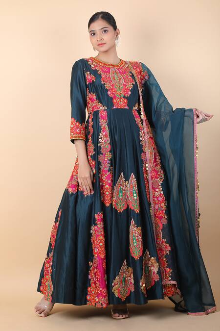 Shop_Debyani + CO_Blue Chiffon Embroidery Round Neck Floral Anarkali With Dupatta _Online_at_Aza_Fashions