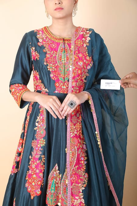 Debyani + CO_Blue Chiffon Embroidery Round Neck Floral Anarkali With Dupatta _at_Aza_Fashions