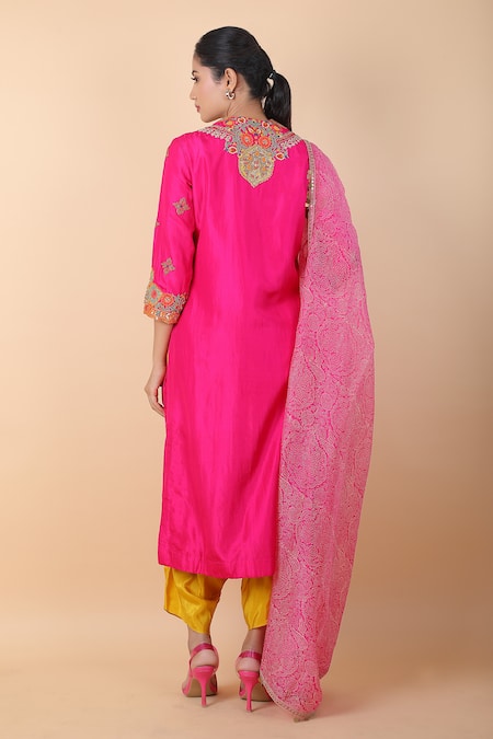Shop_Debyani + CO_Magenta Cotton, Silk, Chiffon Embroidery Round Neck Floral Kurta Dhoti Pant Set _at_Aza_Fashions