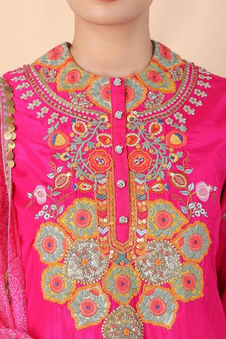 Debyani + CO_Magenta Cotton, Silk, Chiffon Embroidery Round Neck Floral Kurta Dhoti Pant Set _Online_at_Aza_Fashions
