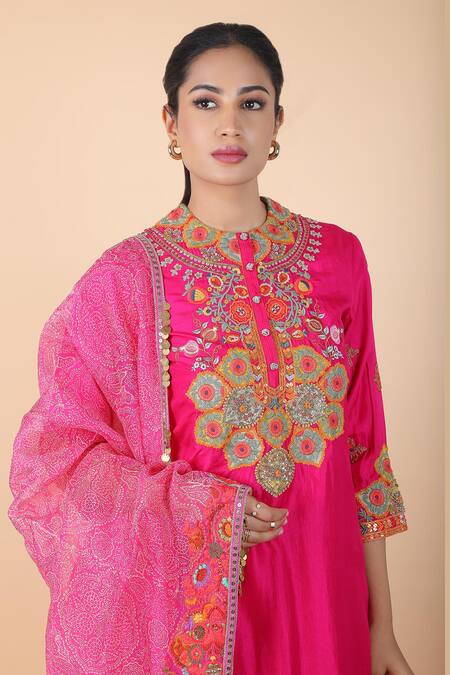 Buy_Debyani + CO_Magenta Cotton, Silk, Chiffon Embroidery Round Neck Floral Kurta Dhoti Pant Set _Online_at_Aza_Fashions