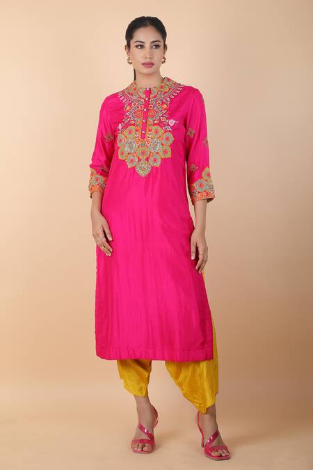 Shop_Debyani + CO_Magenta Cotton, Silk, Chiffon Embroidery Round Neck Floral Kurta Dhoti Pant Set _Online_at_Aza_Fashions