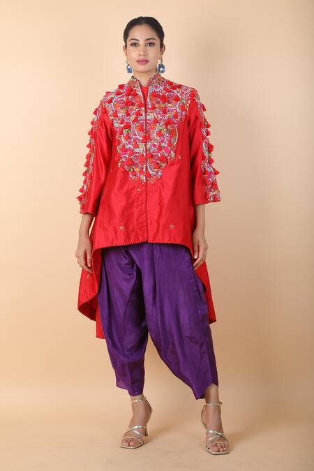 Debyani + CO_Red Silk Tassels, Embroidery Collared Floral Asymmetric Tunic With Dhoti Pant _Online_at_Aza_Fashions