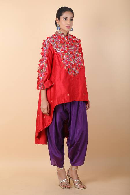 Buy_Debyani + CO_Red Silk Tassels, Embroidery Collared Floral Asymmetric Tunic With Dhoti Pant _Online_at_Aza_Fashions