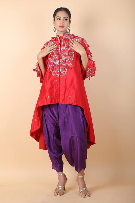 Shop_Debyani + CO_Red Silk Tassels, Embroidery Collared Floral Asymmetric Tunic With Dhoti Pant _Online_at_Aza_Fashions