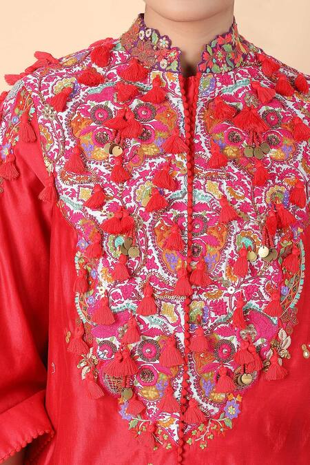 Debyani + CO_Red Silk Tassels, Embroidery Collared Floral Asymmetric Tunic With Dhoti Pant _at_Aza_Fashions