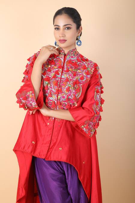 Buy_Debyani + CO_Red Silk Tassels, Embroidery Collared Floral Asymmetric Tunic With Dhoti Pant 