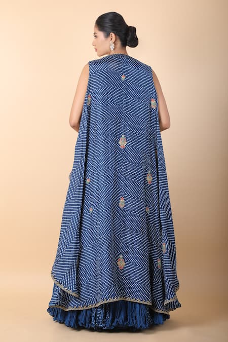 Shop_Debyani + CO_Blue Cotton Embroidery Round Neck, Placement Bandhani Print Skirt And Jacket Set _at_Aza_Fashions