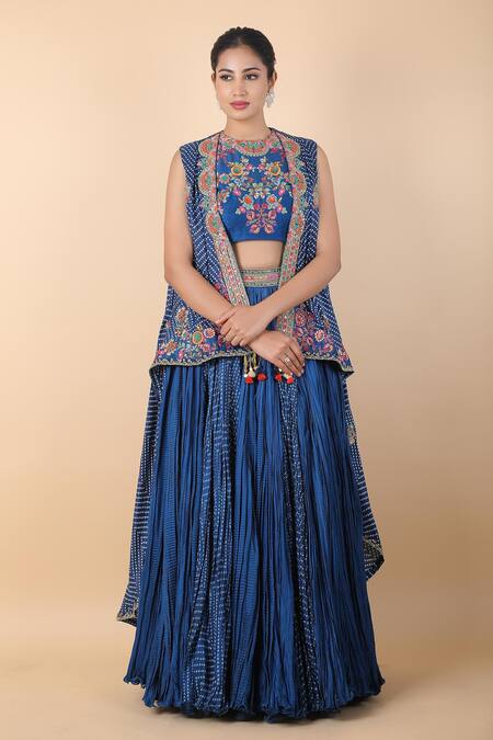 Debyani + CO_Blue Cotton Embroidery Round Neck, Placement Bandhani Print Skirt And Jacket Set _Online_at_Aza_Fashions