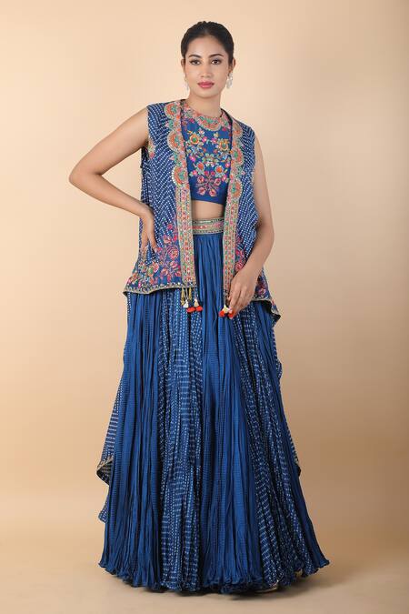 Buy_Debyani + CO_Blue Cotton Embroidery Round Neck, Placement Bandhani Print Skirt And Jacket Set _Online_at_Aza_Fashions