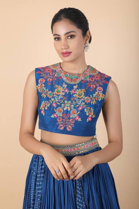 Shop_Debyani + CO_Blue Cotton Embroidery Round Neck, Placement Bandhani Print Skirt And Jacket Set _Online_at_Aza_Fashions