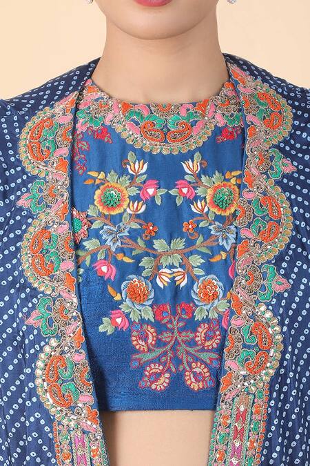Buy_Debyani + CO_Blue Cotton Embroidery Round Neck, Placement Bandhani Print Skirt And Jacket Set 